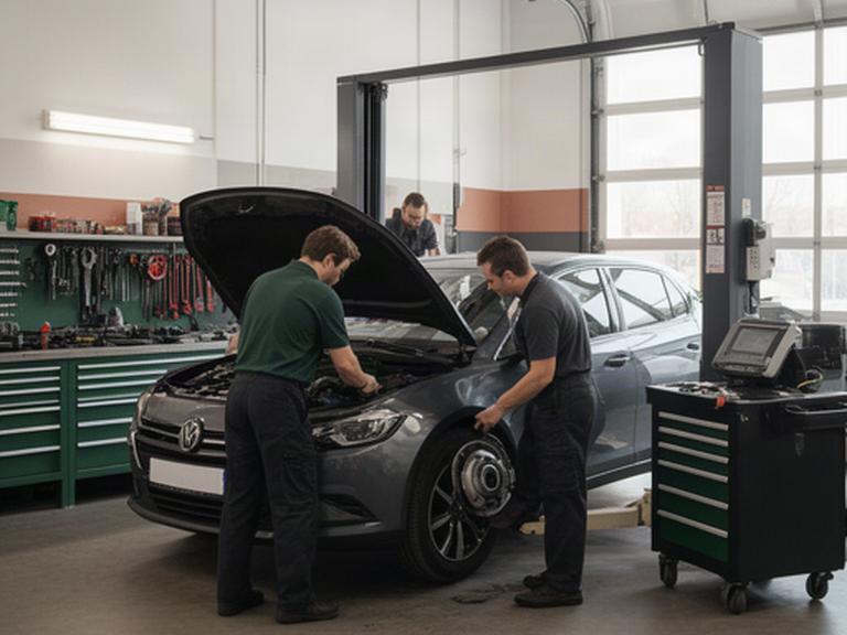 Equipo de mecánicos revisando un coche dentro del taller de Hermanos Freno S.L.