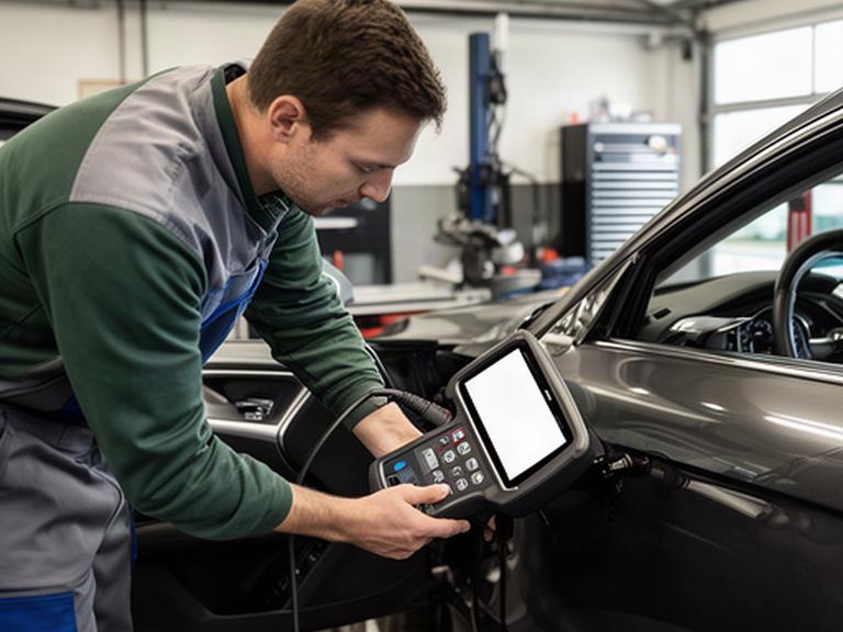 Técnico conectando un equipo de diagnóstico a un coche dentro del taller