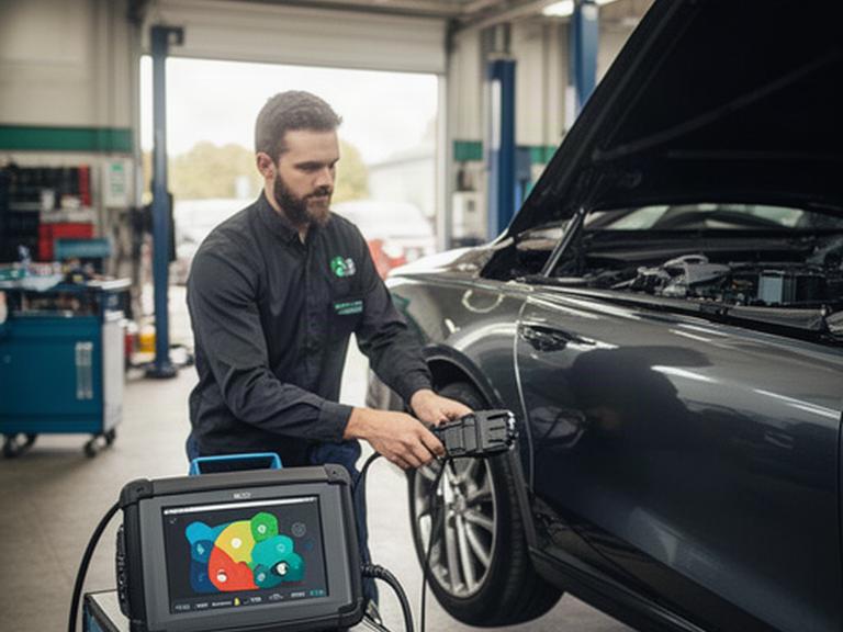 Mecánico conectando un equipo de diagnosis a un coche en un taller de Montornés del Vallés