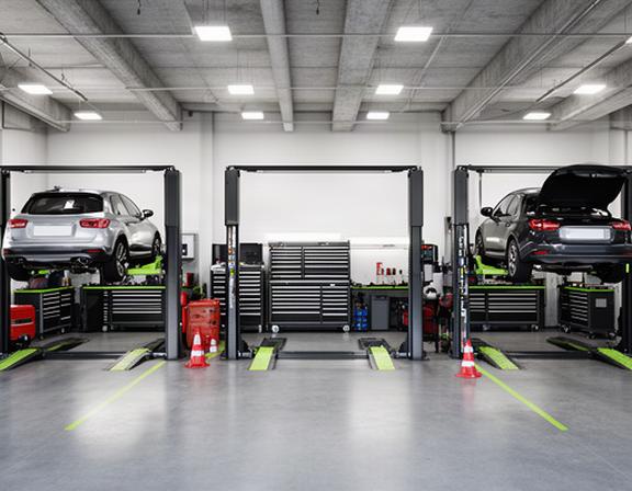 Tres boxes de reparación con elevadores y herramientas ordenadas